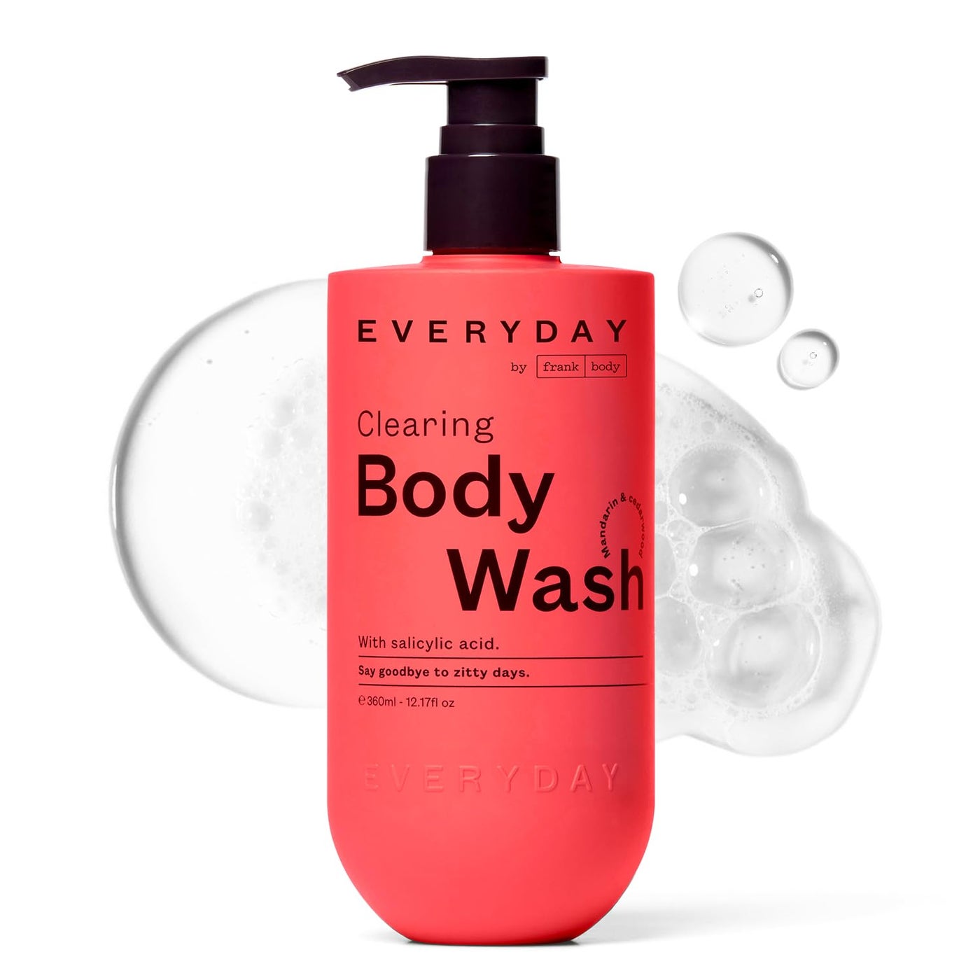frank body Clearing Body Wash | Vegan & Cruelty Free | With Salicylic Acid for Removing Stubborn Dead Skin, Excess Oil, Black & White Heads| Mandarin & Cedarwood Scent | (360mL / 12.17 fl oz)