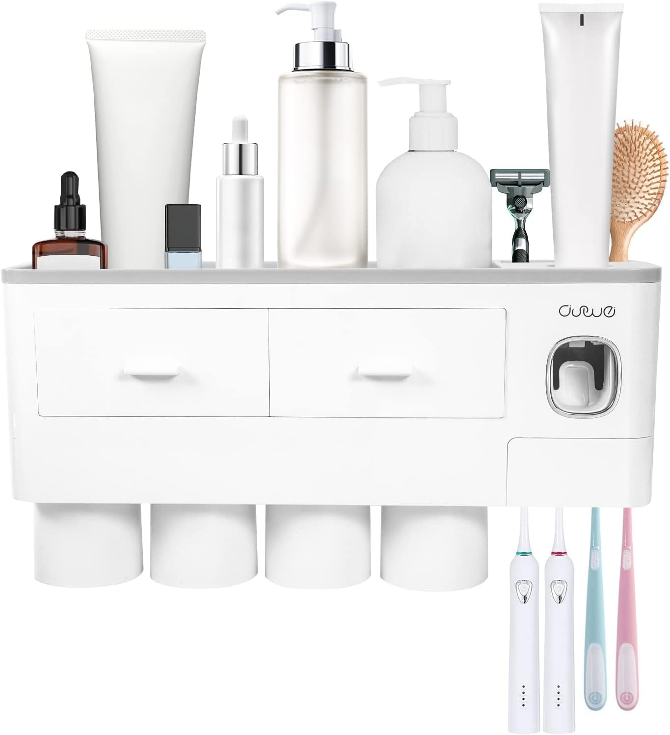 Toothbrush Holders Set for Bathrooms, 4 Cups Toothbrush Holder Wall Mounted with Toothpaste Dispenser - Large Capacity Tray, 2 Cosmetic Drawer - Bathroom Organizer & Bathroom Accessories - White