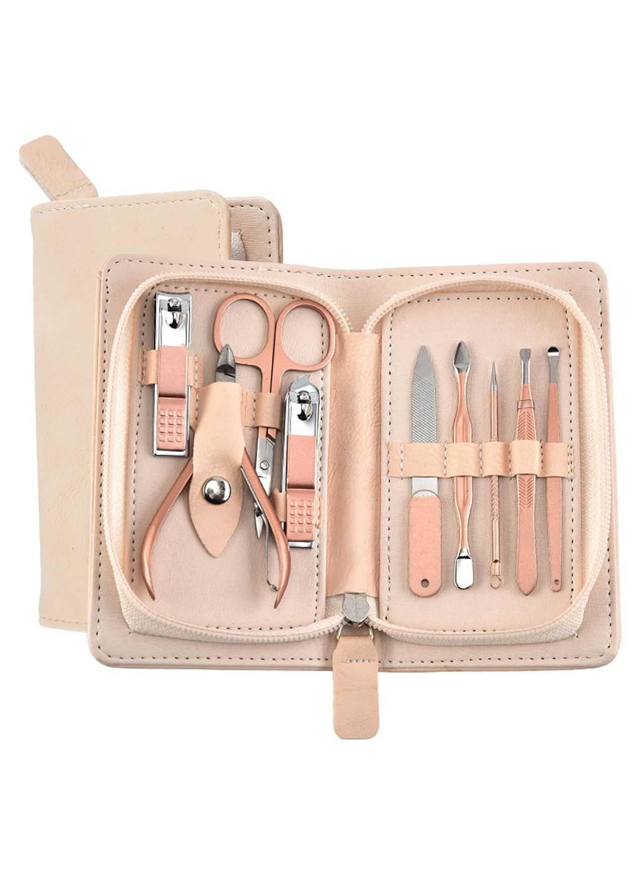 Portable Nail Clipper Set, Nail Clippers and Grooming Tools Set with 9 Tools, Stainless Steel Nail Care Set with Leather Bag for Home Outdoor Travel Beauty Salon (Rose Gold)