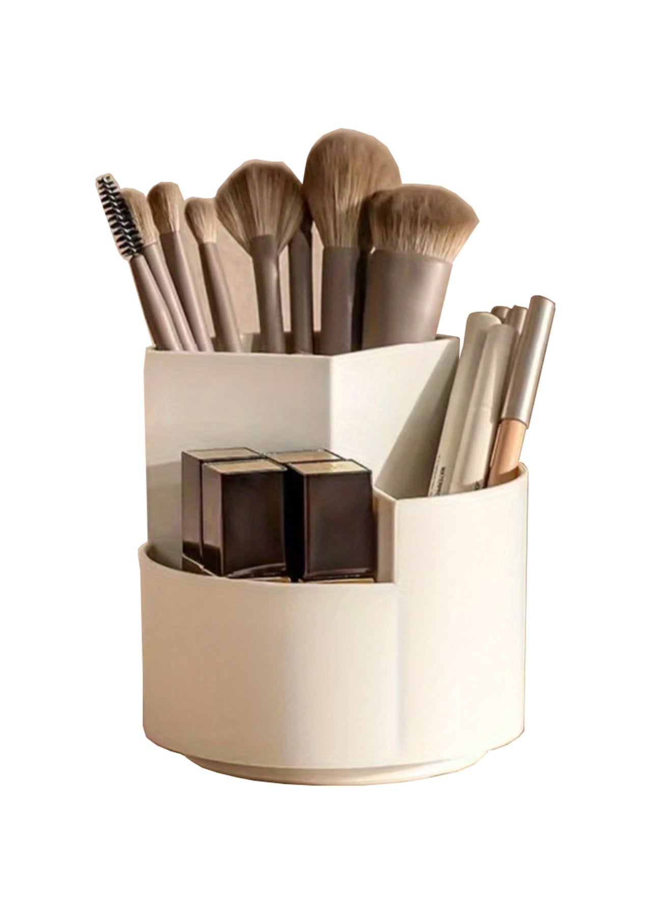 Rotating Makeup Brush Holder 3 Compartments, Cosmetic Supplies Organizer