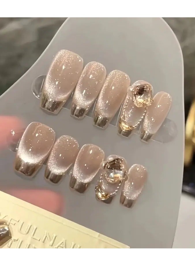 Pure Handmade Nail Nail Nail Fake Nail Patch Nude Cat Eye Magic Mirror French Nail Wear - Large