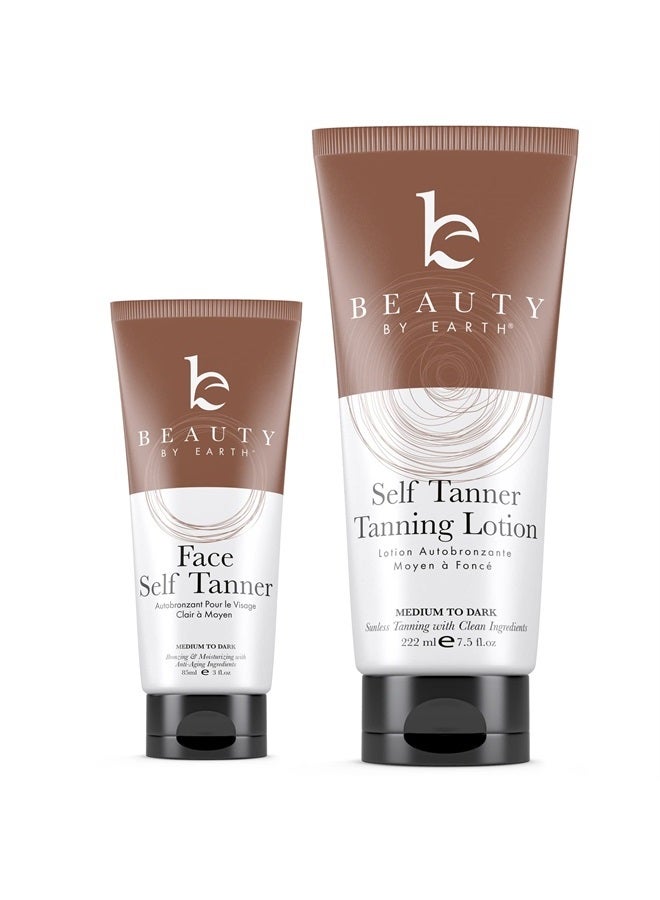 Self Tanner Face & Body - With Organic Aloe Vera & Shea Butter, Sunless Tanning Lotion, Bronzer Buildable Light, Medium or Dark Tan, Fake Tan Self Tanners Best Sellers, 7.5oz (body) 3oz (face)