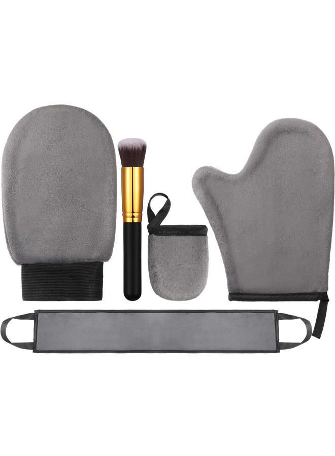 5 Pieces Self Tanning Mitt Applicator Kit, Includes Tanning Mitt, Exfoliating Glove, Mini Face Glove, Back Lotion Applicator, and Large Brush Makeup(Gray)