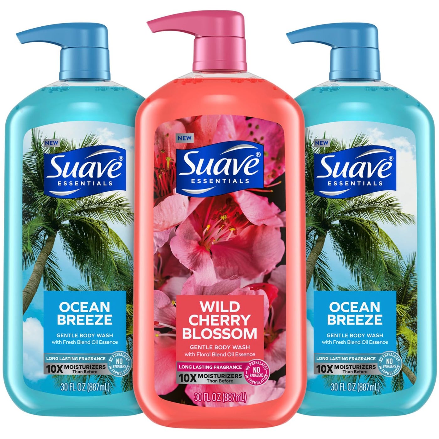 Suave Body Wash Variety Bundle â€“ Ocean Breeze 2-Pack & Wild Cherry Blossom, Gentle & Moisturizing Body Washes with Vitamin E, 30 Oz Ea (3 Piece Set)