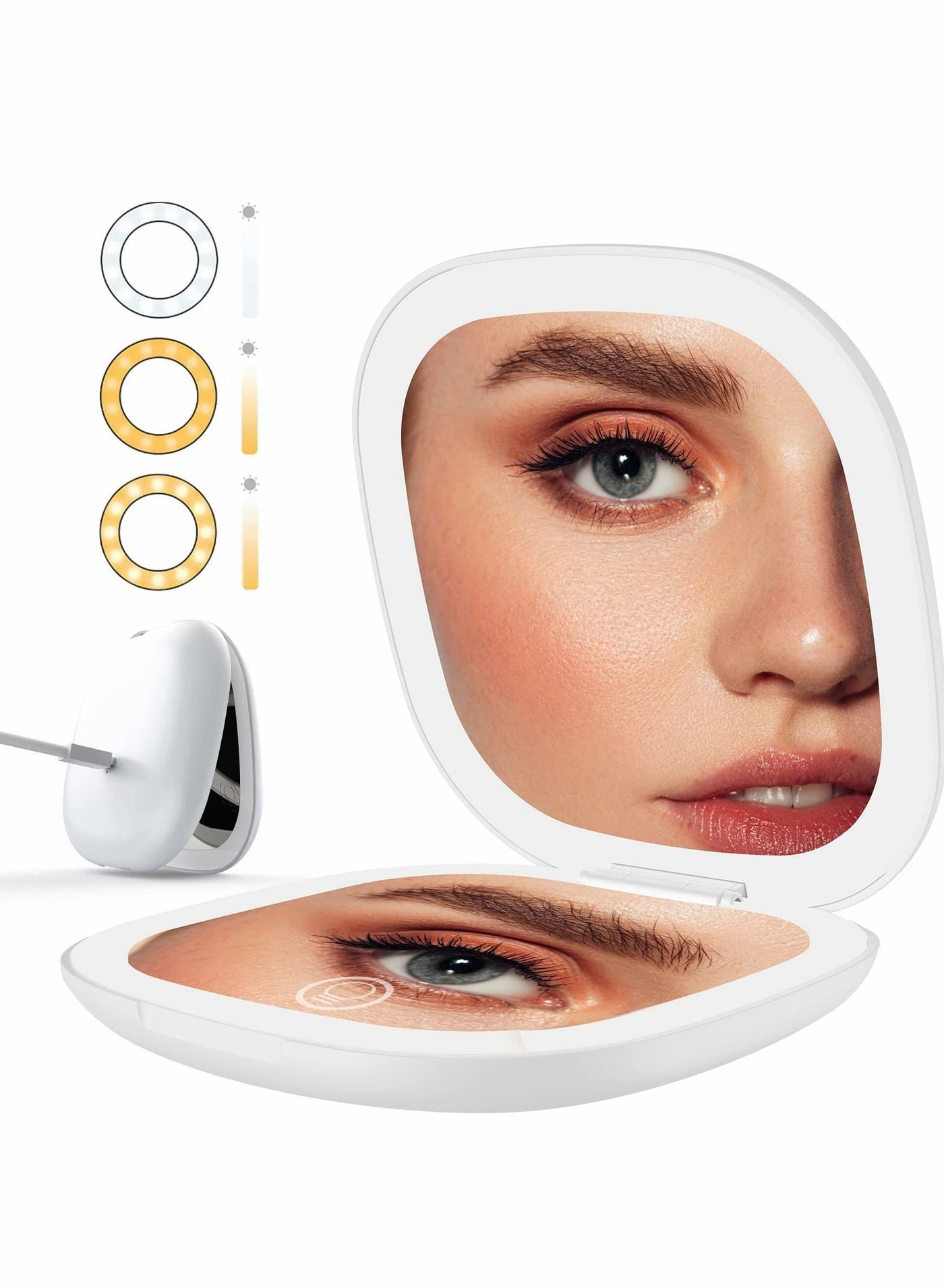LED Lighted Travel Makeup Mirror, Mini Magnifying Mirrors with Auto-Off Light Make Up Mirror for Purse Folding Rechargeable Vanity Dimmable 3 Colors Home Office