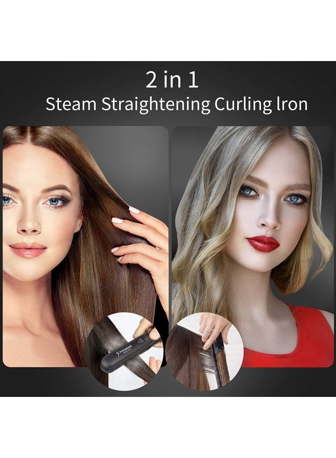 Steam Straighteners for Hair, Professional Salon Ceramic Tourmaline Vapor Steam Flat Iron Hair Straightener and Curler 2 in 1 Straightening Curling Iron, Dual Voltage LED Display Control Temp