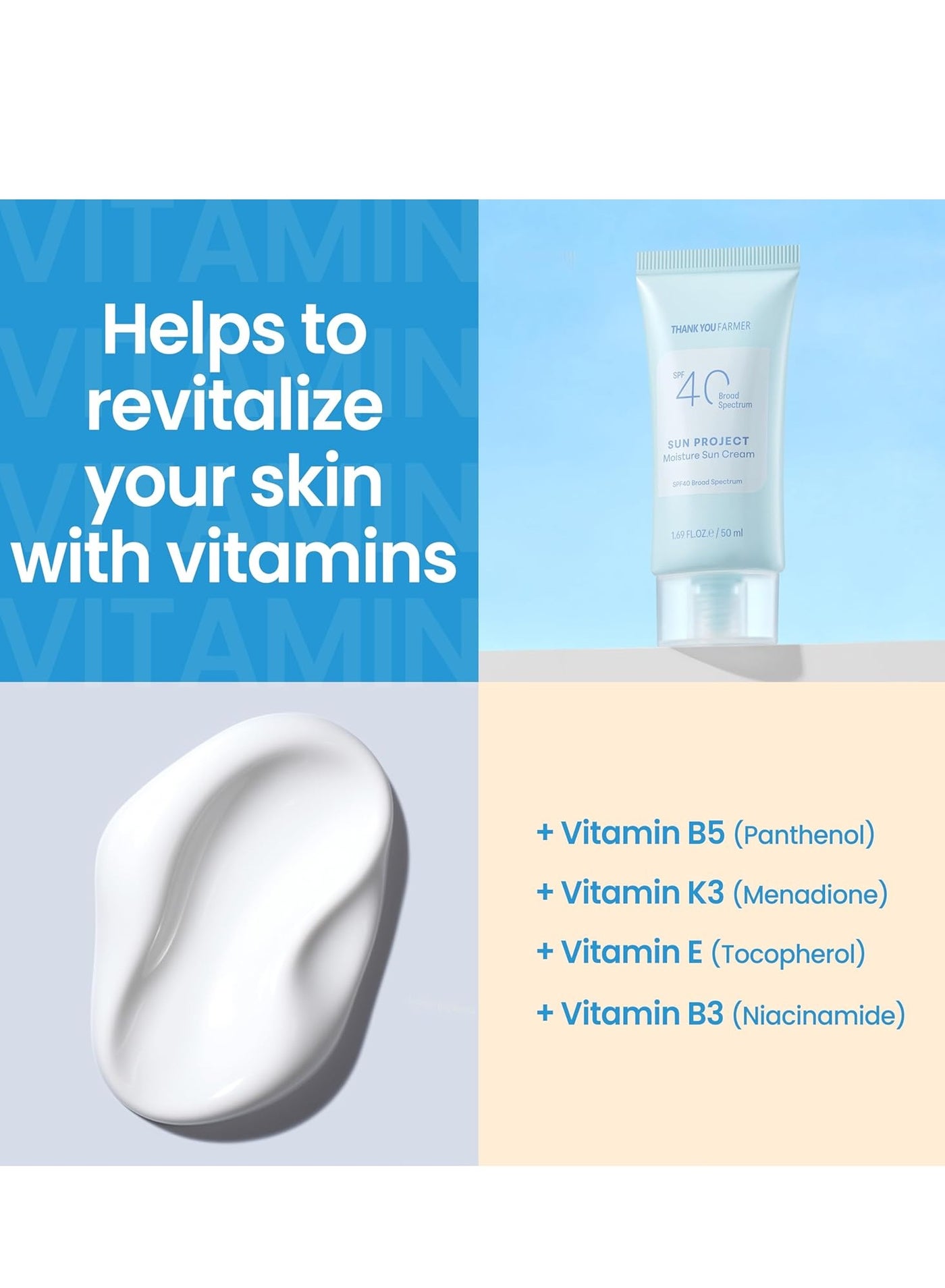 THANKYOU FARMER Sun Project Moisture Sun Cream SPF 40 - Korean Sunscreen with Panthenol - Fragrance Free, Broad Spectrum, Dermatologist Tested, Moisturizing, No White Cast 1.69 fl oz