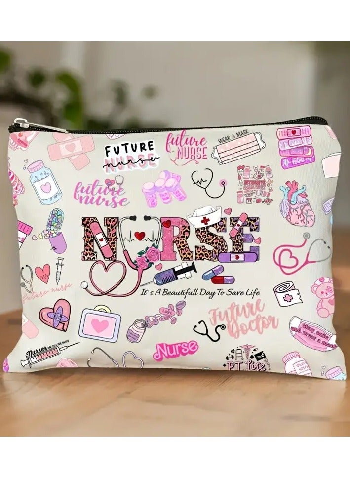 Cartoon Nurse Pattern Storage Pouch, Lightweight Versatile Carry On Bag, Gift Bag For International Nurses Day, Nurse Gift, Nurse Graduation Gift, Gifts For Women, Holiday Gifts