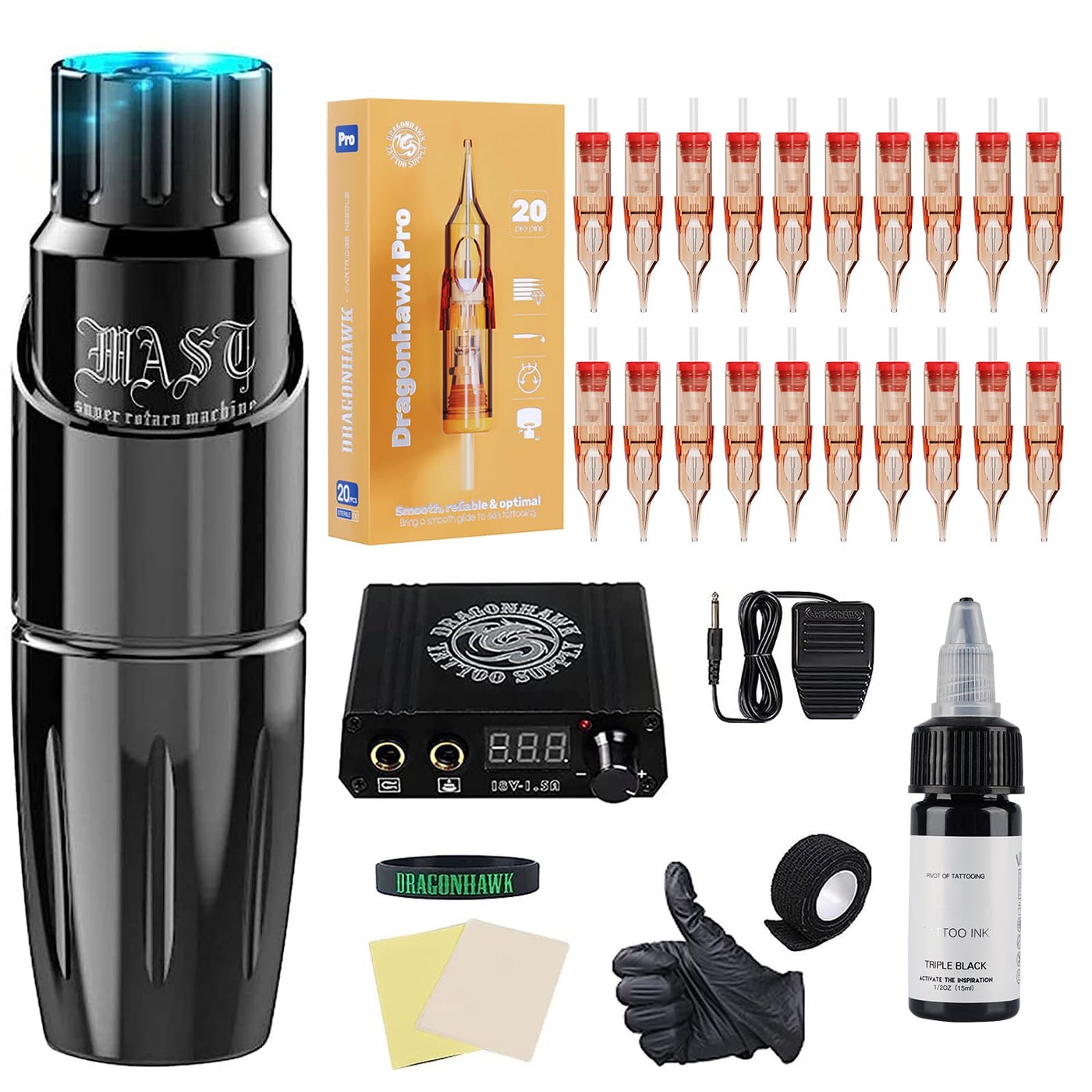 Dragonhawk Complete Rotary Tattoo Pen Machine Kit For Mast Tour Permanent Makeup 20Pcs Cartridges Needles Power Supply Color Inks for Tattoo Studio Artists 366H