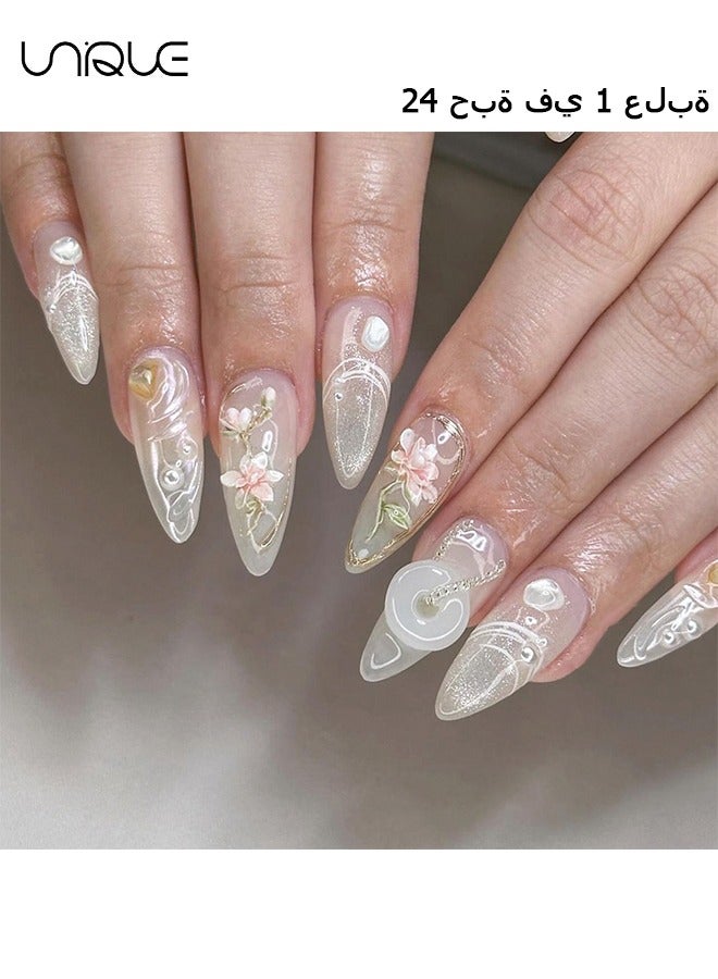 24Pcs Fake Nails, Press Nails, Long Almond Manicure - Shiny Pearl Manicure - 3D Flower Phnom Penh Manicure - Fake Nail Patch