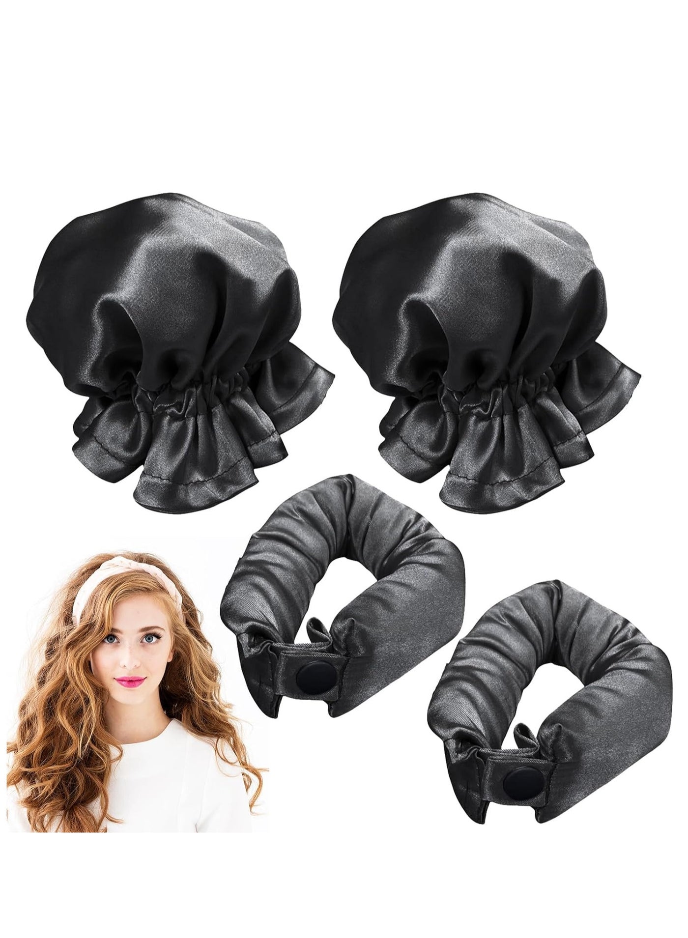4PCS Heatless Curls, Hair Curler No Heat, Hair Curlers Rollers with Hair Caps, Heatless Curling Rod Headband, Hair Curlers for Long Hair, Hair Styling Tools for Women (Black)