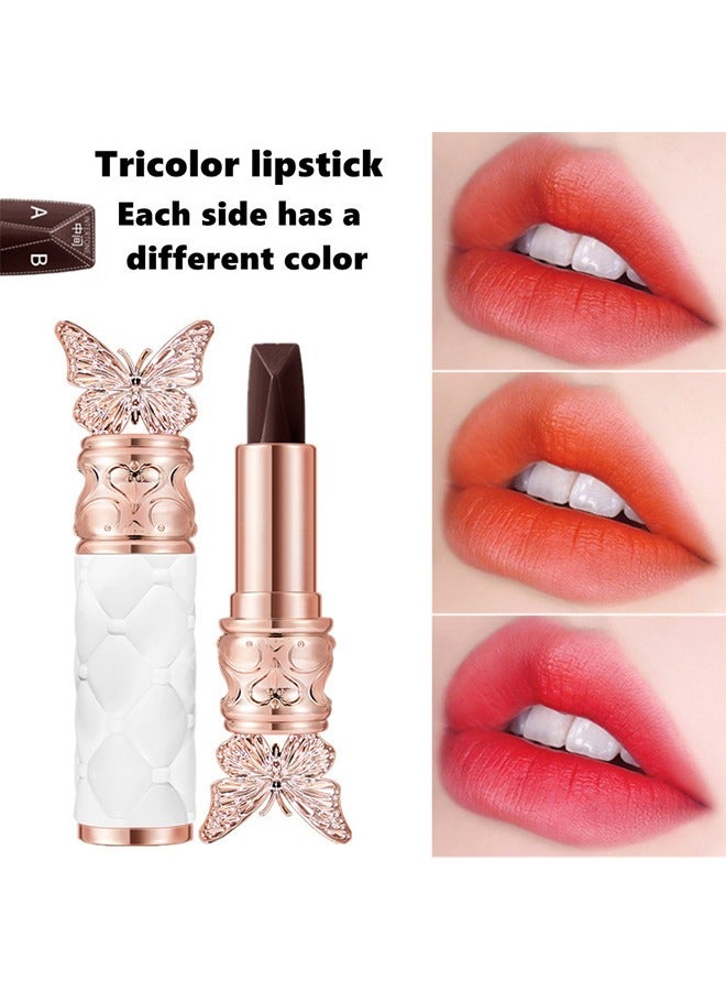 Satin Like Color Holding Tri-Color Lipstick,  Three-color lipstick set, long-lasting, non-stick, waterproof, bright red, bright orange, rose red