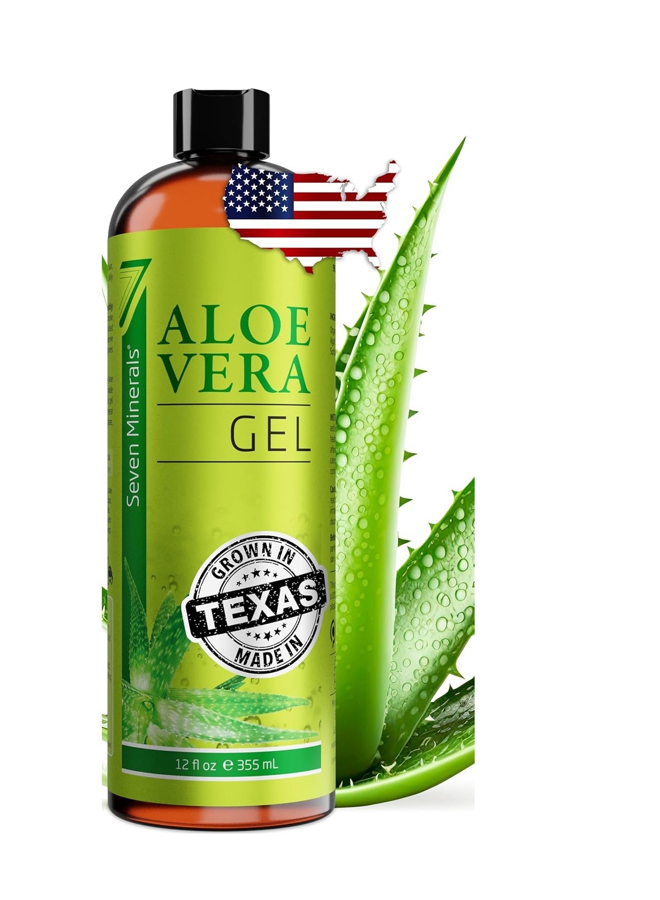 Seven Minerals Organic Aloe Vera Gel from freshly cut 100% Pure Aloe - Big 12oz - HighestQuality, Texas grown, Vegan, Unscented - For Face, Skin, Hair, Sunburn relief