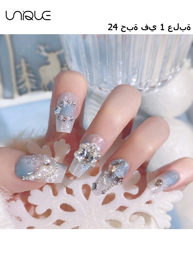 24Pcs Fake Nails, Press Nails, Mid-length Ballet Manicure - Gradient Blue Shiny Snowflake Manicure - Sparkling Diamond & Pearl Manicure - Fake Nail Patch