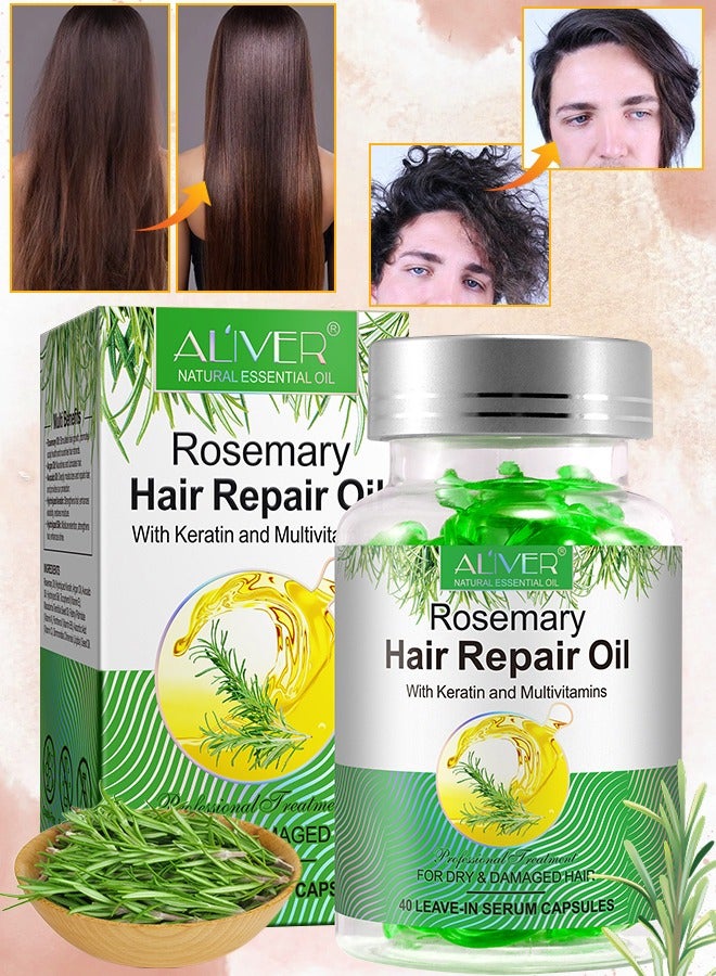 40 Pcs Rosemary Hair Repair Oil Capsules Organic Rosemary Essential Oil with Keratin & Multivitamins Rosemary Hair Repair Oil Shines Nourishing Repair Dry & Damaged Hair Treatment Leave-In Serum