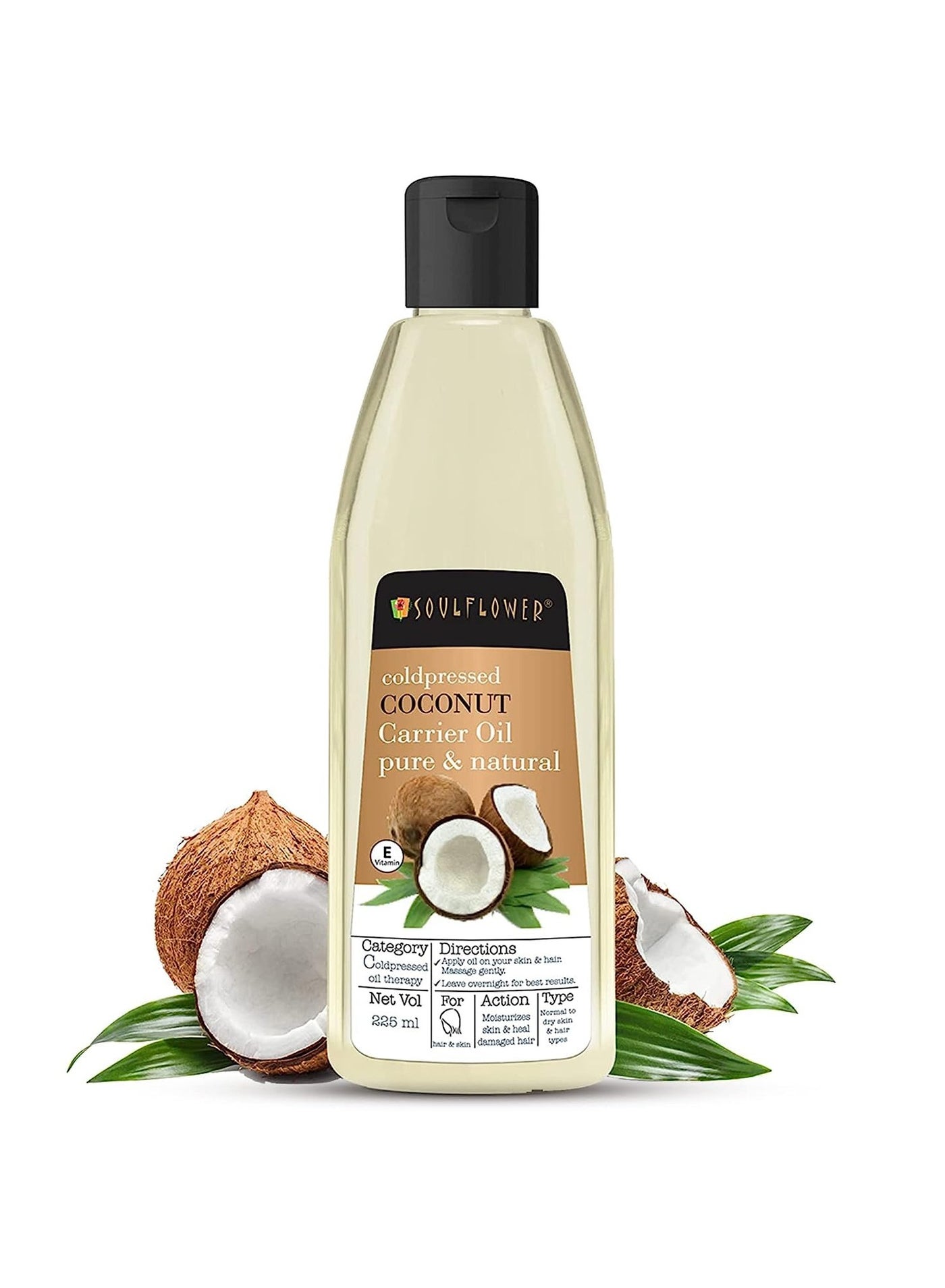 Soulflower Organic Coconut Oil Hair Growth, Long & Shiny Hair & Skin Moisturization, Face & Body Massage, Nariyal/Khopa, 100% Pure, Natural & Cold Pressed, No Mineral Oil & Preservatives, 225ml