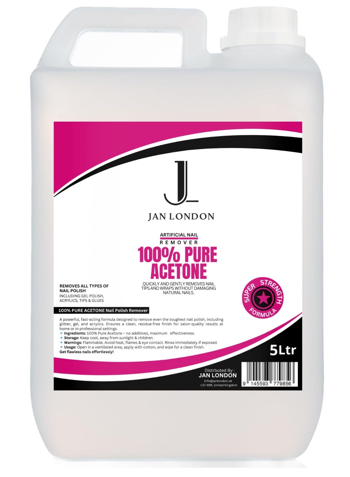 100% Pure Acetone Nail Polish Remover for UV/LED Gel, Acrylic Nails, and Nail Varnish Soak Off – Professional Strength, Fast-Acting Formula, 5000ml