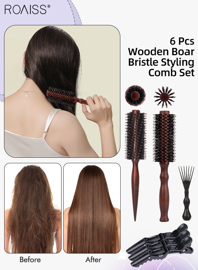 Solid Wood Professional Anti-static Cylinder Pointed Tail Hairstyling Comb, Portable Boar Bristle Brush for Blow Drying, Curling, Straightening, Volumizing with Alligator Clip, Cleaning Comb