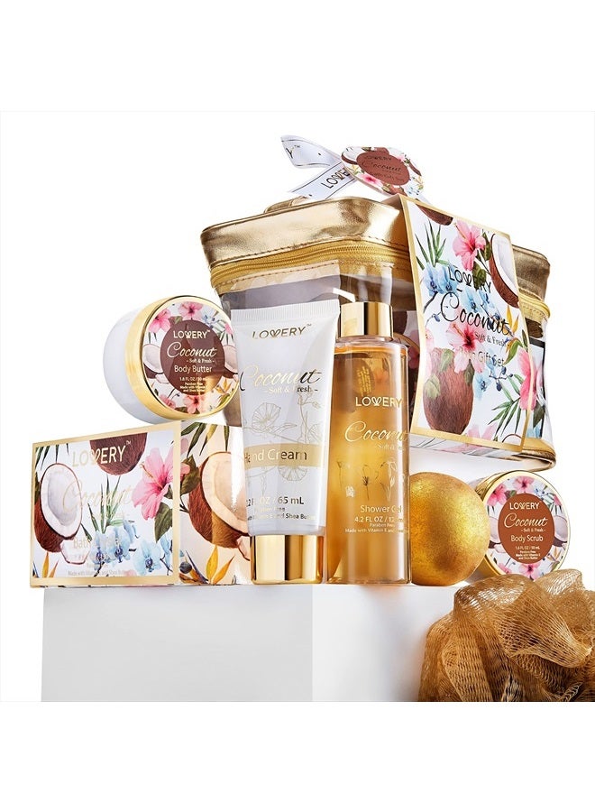 Bath and Body Gift Set, Coconut Bath Set, Spa Gifts for Women, Home Spa Kit, Self Care - 24K Gold Bath Bomb, Body Lotion, Shower Gel, Body Butter, Scrub, Salts, Shower Puff, Cosmetic Bag
