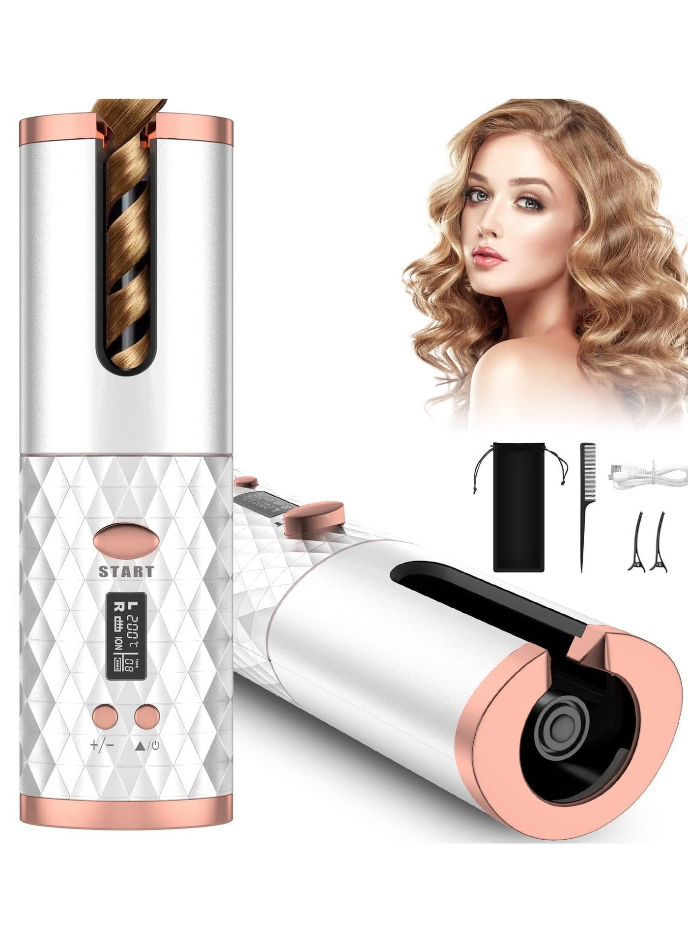 Automatic Curling Iron, Portable Electric Curling Iron with Lcd Display, Fast Heating Curling Wand Rechargeable Styling Tools, Ceramic Barrel Wave Wand for Household and Traveling Use (White)