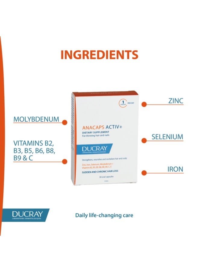 DUCRAY Anacaps Active+ Food supplement- Supports hair growth -Reduces hair thinning-Enriched with essential vitamins, minerals and amino acids-Non Comedogenic - 30 Capsules - image 2