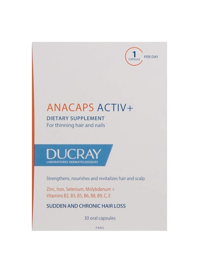 DUCRAY Anacaps Active+ Food supplement- Supports hair growth -Reduces hair thinning-Enriched with essential vitamins, minerals and amino acids-Non Comedogenic - 30 Capsules