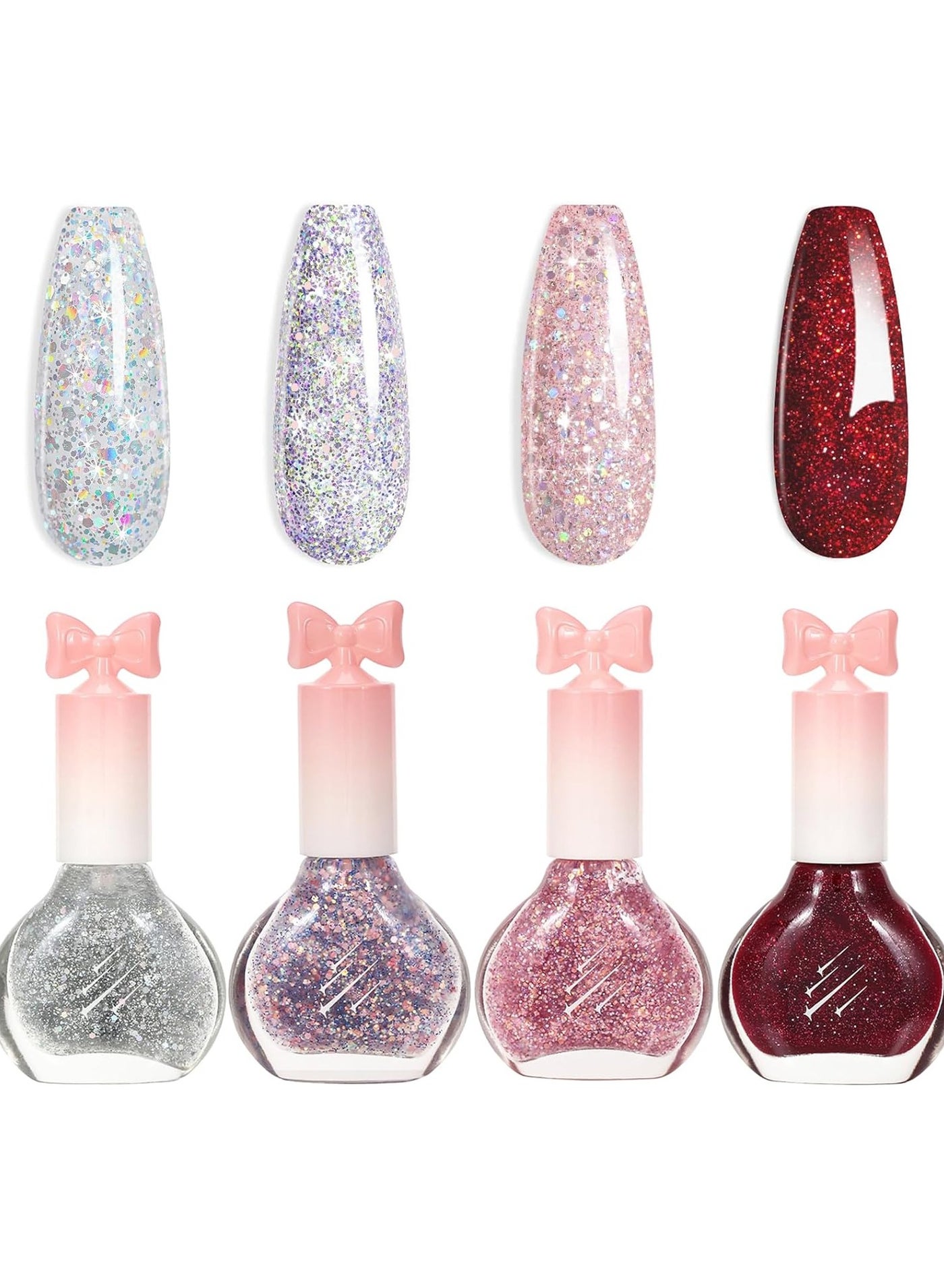 Glitter Nail Polish Set, 4Pcs Sliver Pink Purple Red Nail Varnish Set, Sparkly Shinny Natural Look Quick Dry Nail Varnish Gift Set DIY Long Lasting Nail Art Home