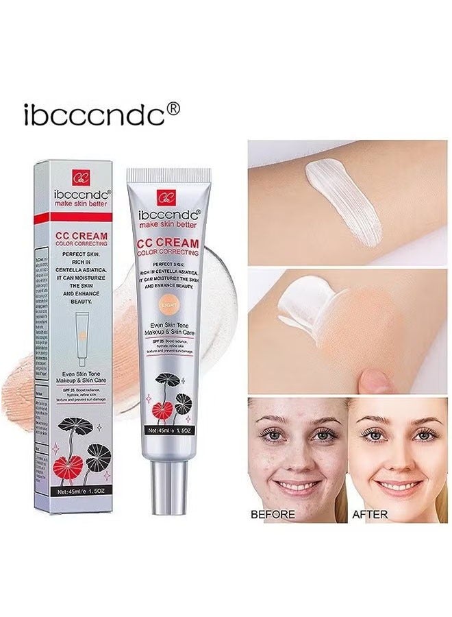 Color Correcting CC Cream 45ml, Hydrating CC Cream, Moisturizing Facial Concealer Sunscreen Full Coverage CC Cream with SPF 25, Light