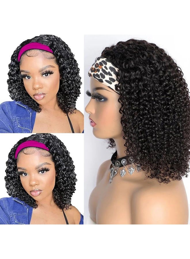 Water Wave Headband Wig Human Hair Glueless None Lace Headband Wig Brazilian Human Hair Machine Made Curly Wigs for Black Women, Short Wigs Kinky Curly Weave 100% Unprocessed Hair 150% Density 12 Inch