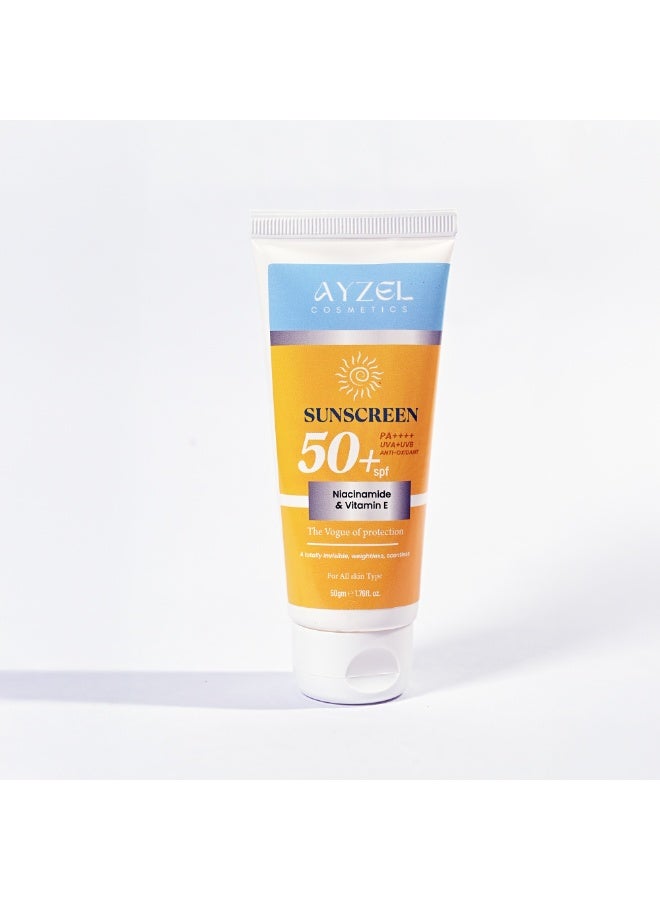 SUN SCREEN SPF 50+ PA+++ for Broad Spectrum UVA/UVB | Collagen-Boosting Face Moisturizer with No-White Cast,  Upto 24-Hours Intense Hydration, Multivitamins with Niacinamide & Hyaluronic Acid,Non Greasy 50gm