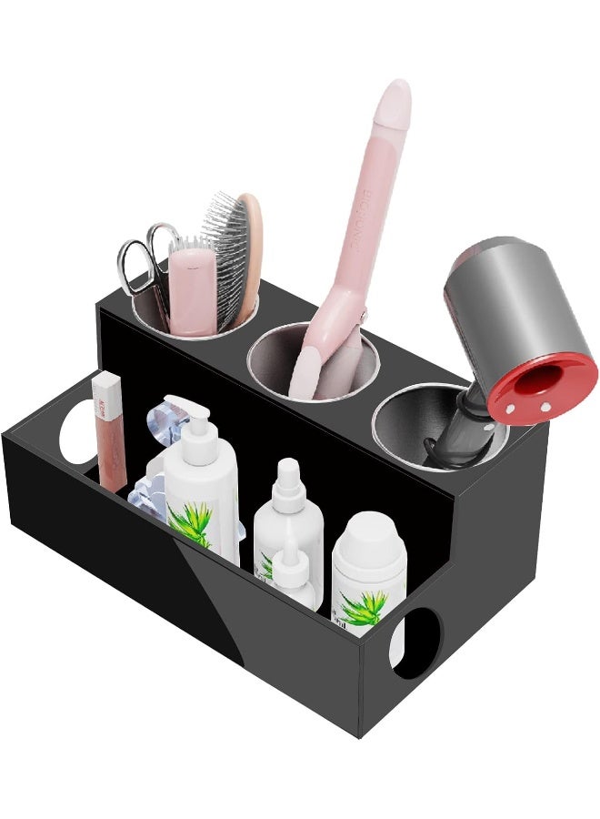 Hair Tool Organizer, Acrylic Hair Tool Caddy Countertop Blow Dryer Stand Storage With 3 Cups For Bathroom, Bedroom, Office, Black