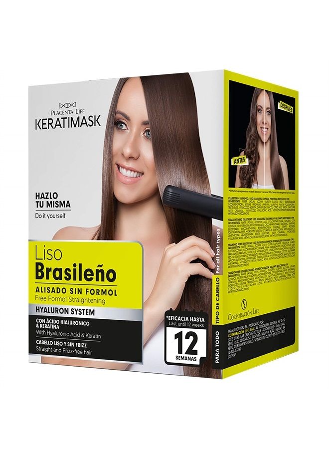 Brazilian Straightening Kit with Keratin and Hyaluronic Acid, Free of Formol and Parabens, 12 Weeks of Professional Straightening