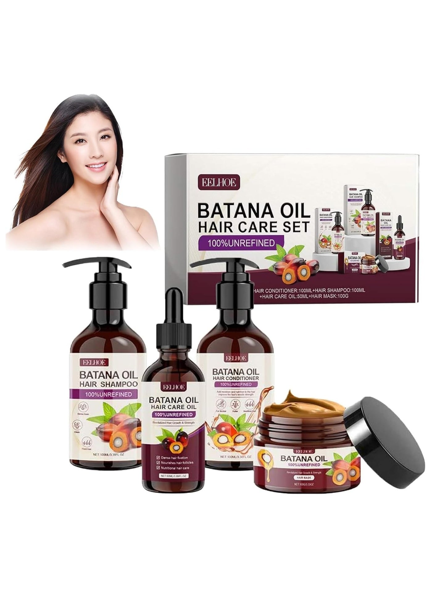 Batana Oil Volumizing Hair Care Set, Batana Oil Rich Hair Care Set, Repairs Frizzy Hair, Deep Nourishes Scalp, Smooth Hair Travel Set for Women and Men Include Shampoo Conditioner Hair Mask Hair Oil
