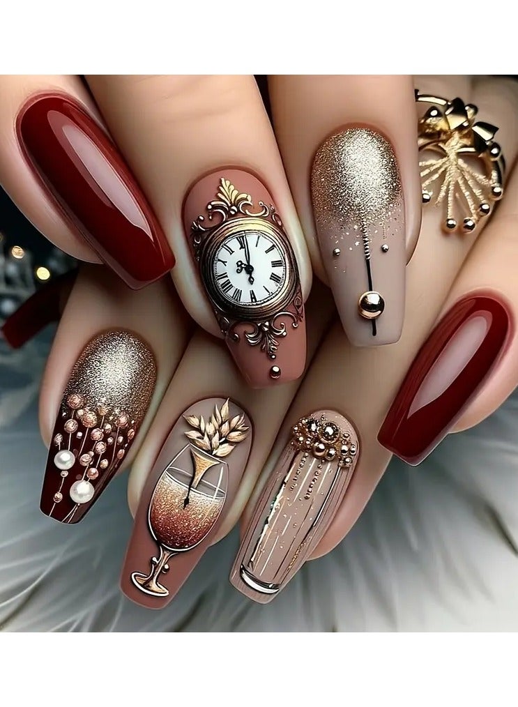 24pcs set of ballet-style false nails with French clock print, classic solid color, fashionable and versatile, suitable for all women and girls. The box comes with nail files and jelly glue