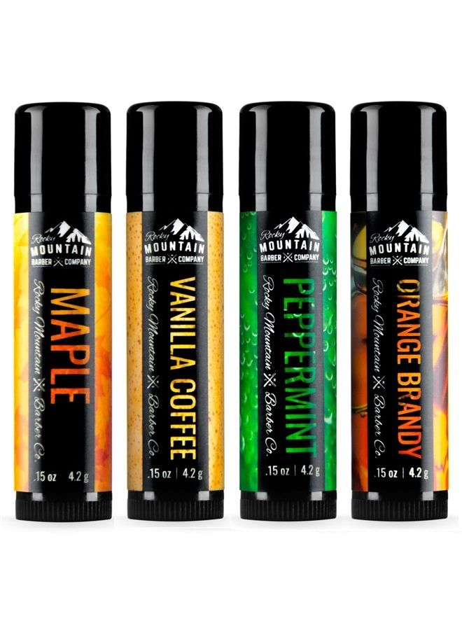 Lip Balm Set - 4 Scents - Maple, Vanilla Coffee, Peppermint, & Orange Brandy - No Shine Matte Finish - Featuring Coconut Oil, Avocado Oil, Bees Wax, & Shea Butter by Rocky Mountain Barber Company