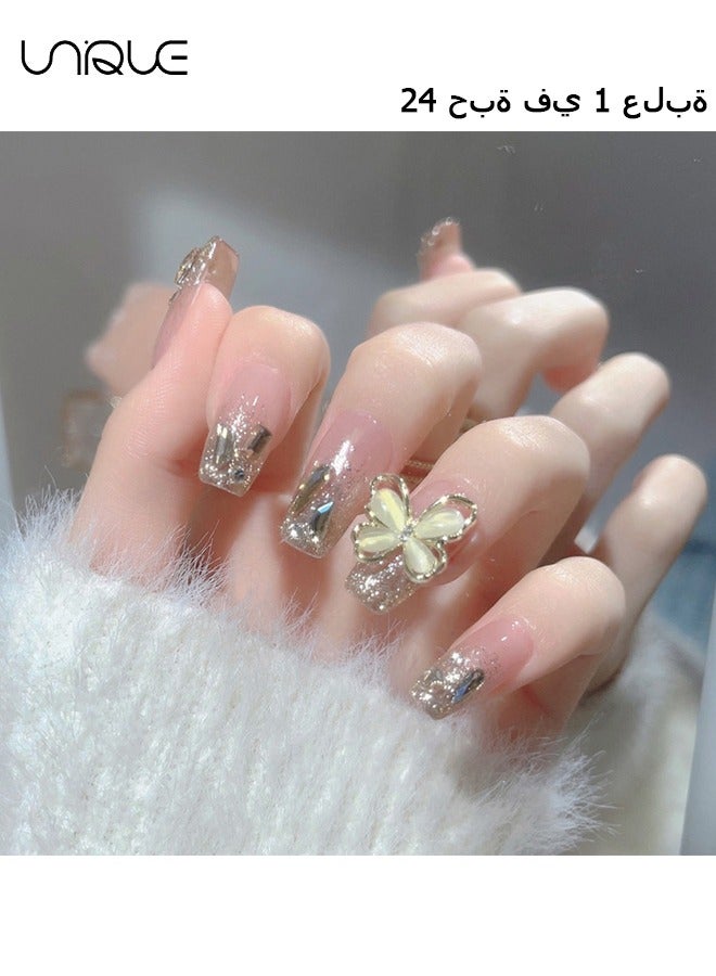 24Pcs Fake Nails, Press Nails, Mid-length Ballet Manicure - Golden Butterfly Manicure - Sparkling Diamond Manicure - Fake Nail Patch