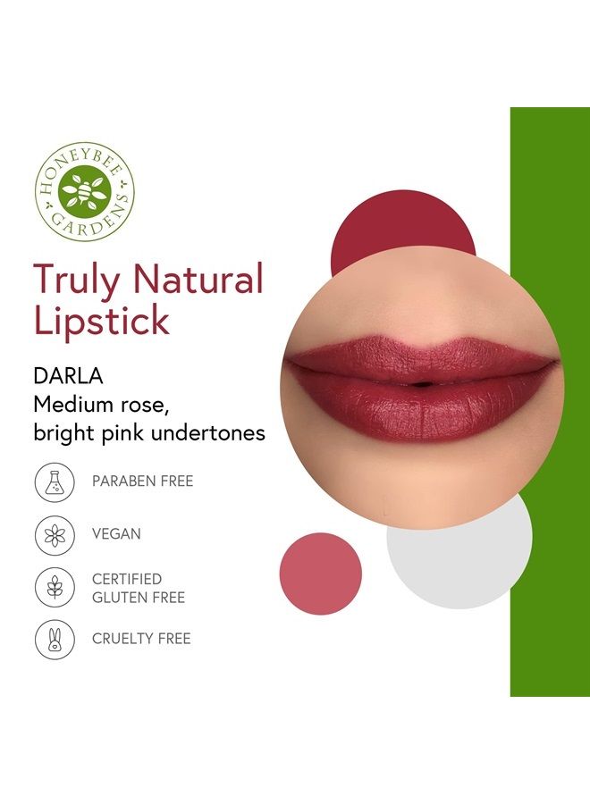 Truly Natural Long Lasting Lipstick, Darla (matte medium rose with brighter pink undertones) Naturally Hydrating & Nourishing - Vegan, Gluten Free & Cruelty Free, 0.13 oz / 3.8 g