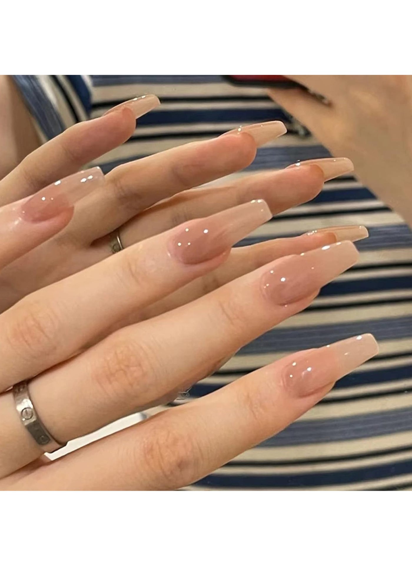 24pcs Long Coffin False Nails Nude Stick on Nails Gradient Press on Nails Removable Glue on Nails Full Cover Acrylic Fake Nails Women Girls Nail Art Accessories