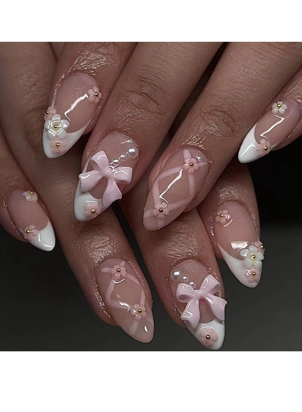 Press On Nails 24pcs, Sweet Pink Bow Decorated Floral French White Press-On Nails, Intertwined Stripe Design, Perfectly Showcasing Elegance and Fashion, A Charming Nail Set Suitable for Various Occasions. Fake Acrylic Nails With Glue Kit.