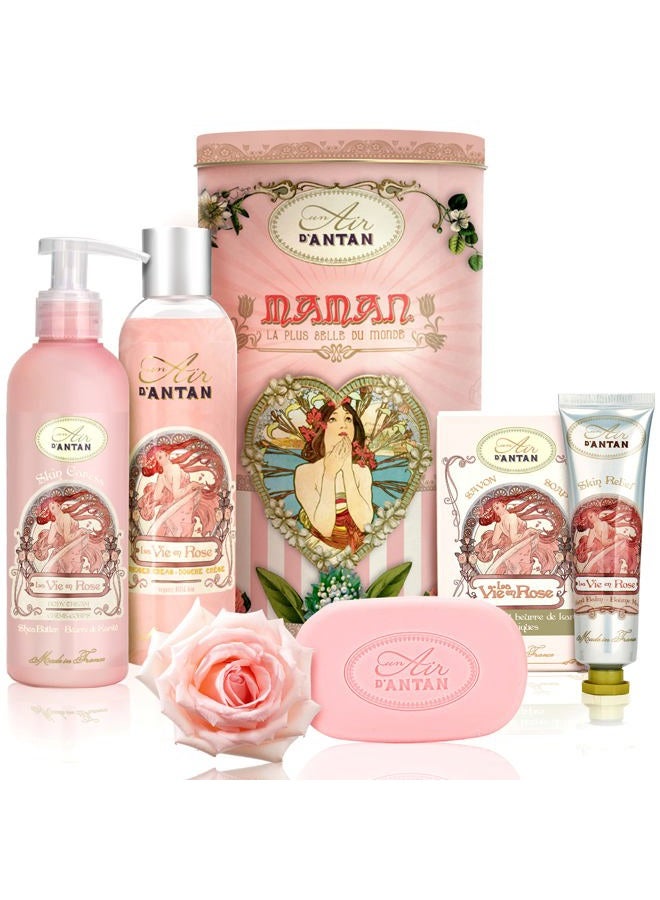 Spa Gifts for Women, Gift Basket for Women, Spa Gift Set, Gift Set for Women, Hand Cream for Women, Gifts for Mom - 4 Products Tall Tin (Rose)