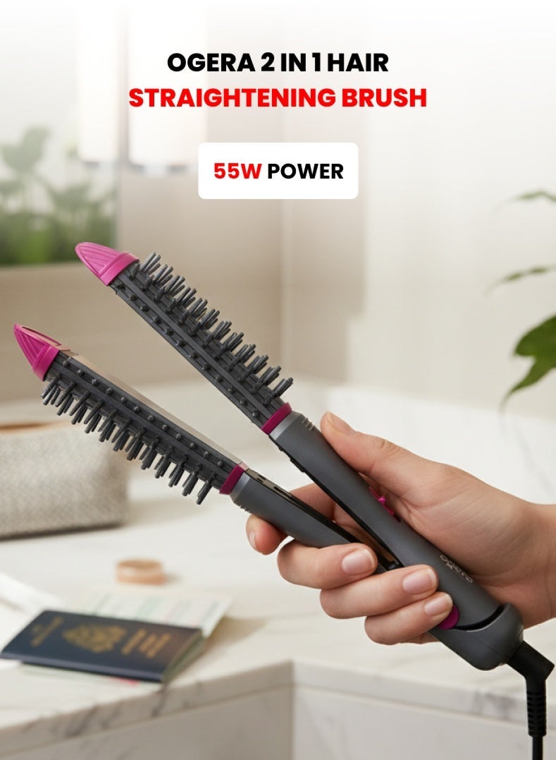 2-in-1 Hair Straightening Brush – 55W Power, PTC Fast Heating, Ceramic-Coated Plates, LED Power Indicator, Anti-Frizz Styling Brush for Smooth & Shiny Hair – Model OG2303HST, Black & Pink