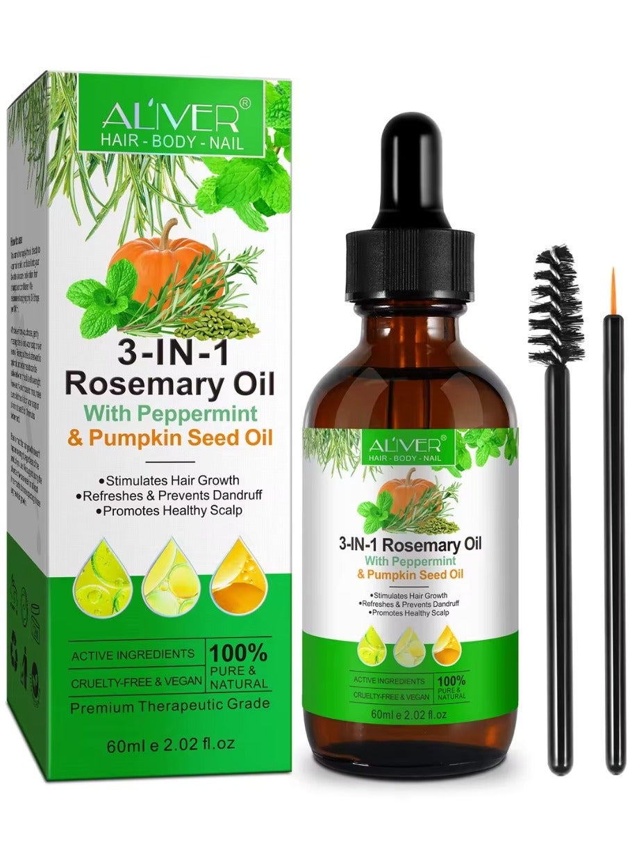 3 In 1 Rosemary Oil with Peppermint & Pumpkin Seed Oil for Hair Care Hair Conditioner Oil for Thin Hair Repair Damaged Hair Nourishes Thin Hair Scalp Skin and Loss Hair Growth Fit for All Hair Types