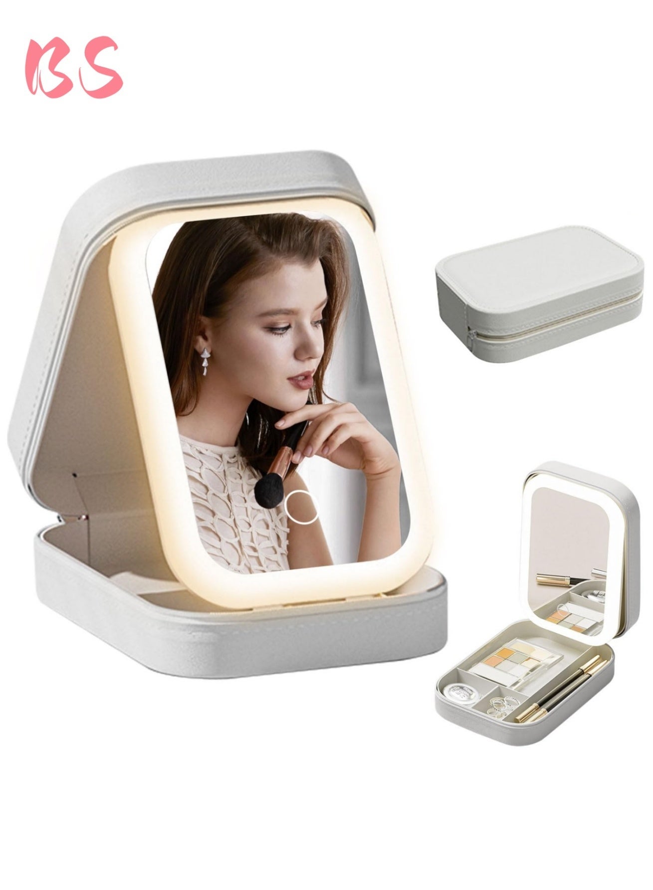 Makeup bag with LED lights and mirror | Three-color adjustable lighting | Waterproof PU material | Power-saving function | Large capacity cosmetic storage box | Storage box for women's makeup tools and accessories | Suitable for travel and home use | Portable storage bag