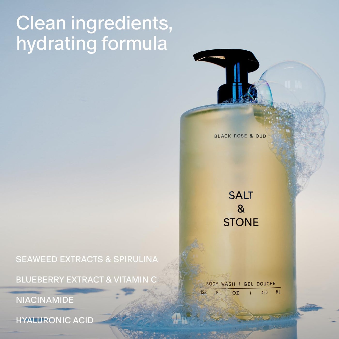 Salt & Stone Body Wash for Women & Men | Black Rose & Oud | Hydrating Gel Cleanser | Clean & Soften Skin | Made with Niacinamide & Hyaluronic Acid | Free From Parabens Sulfates & Phthalates 15.2 fl oz