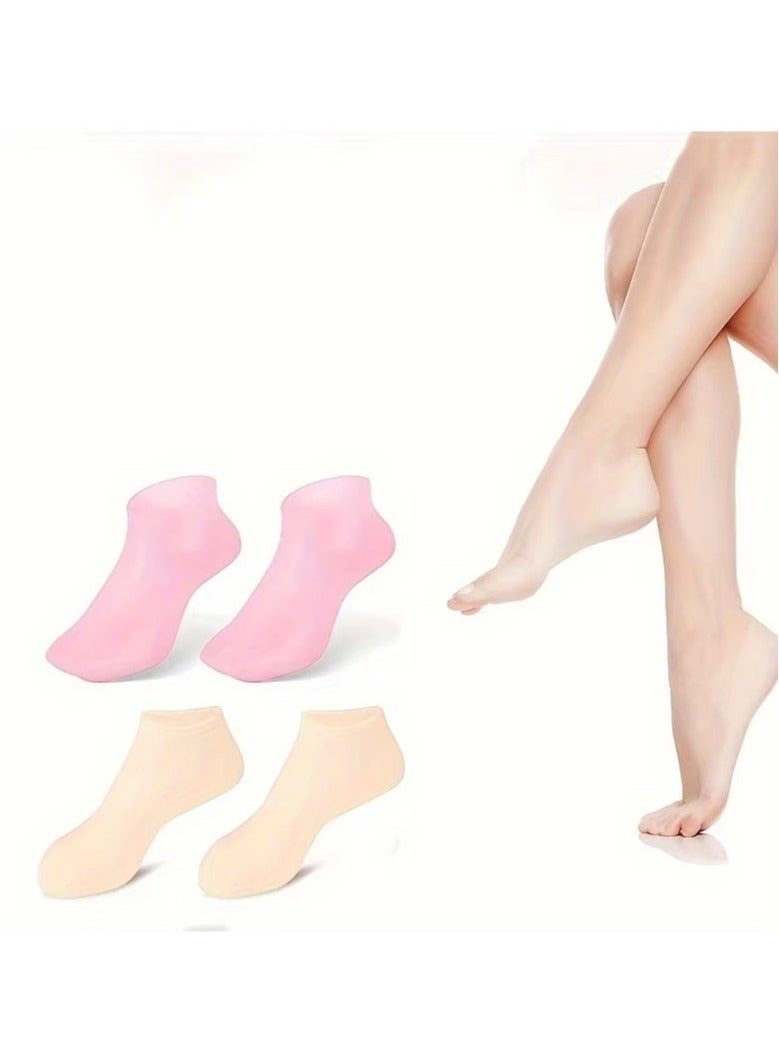 2pairs Silicone Moisturizing Foot Socks For Dry Cracked Feet Foot CareSocks Massage Moisturizing Gel Socks Pedicure Socks Tool - M -Pink & Beige