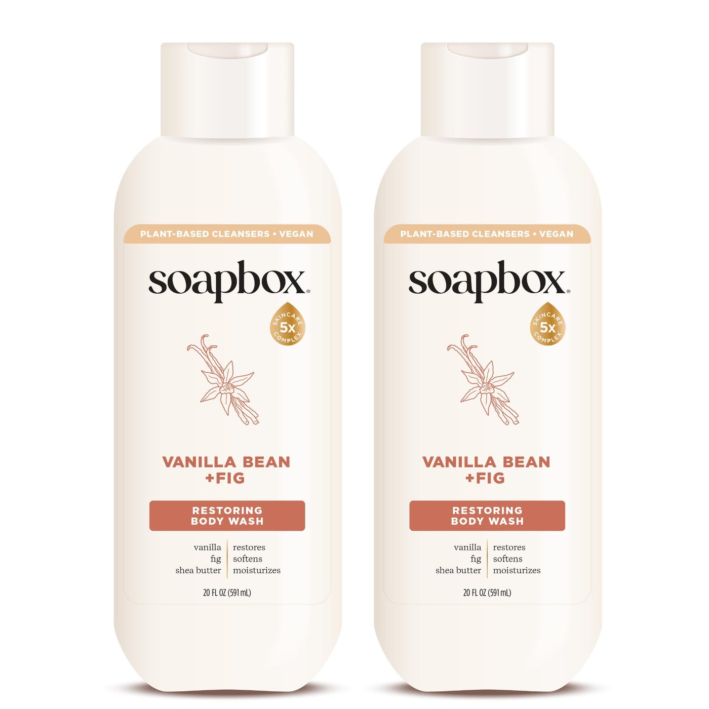 Soapbox Body Wash, Vanilla Bean & Fig Liquid Body Wash, Moisturizing Soap with Shea Butter, Vegan Duo Pack of 2 Soap Bottles, 20oz Each