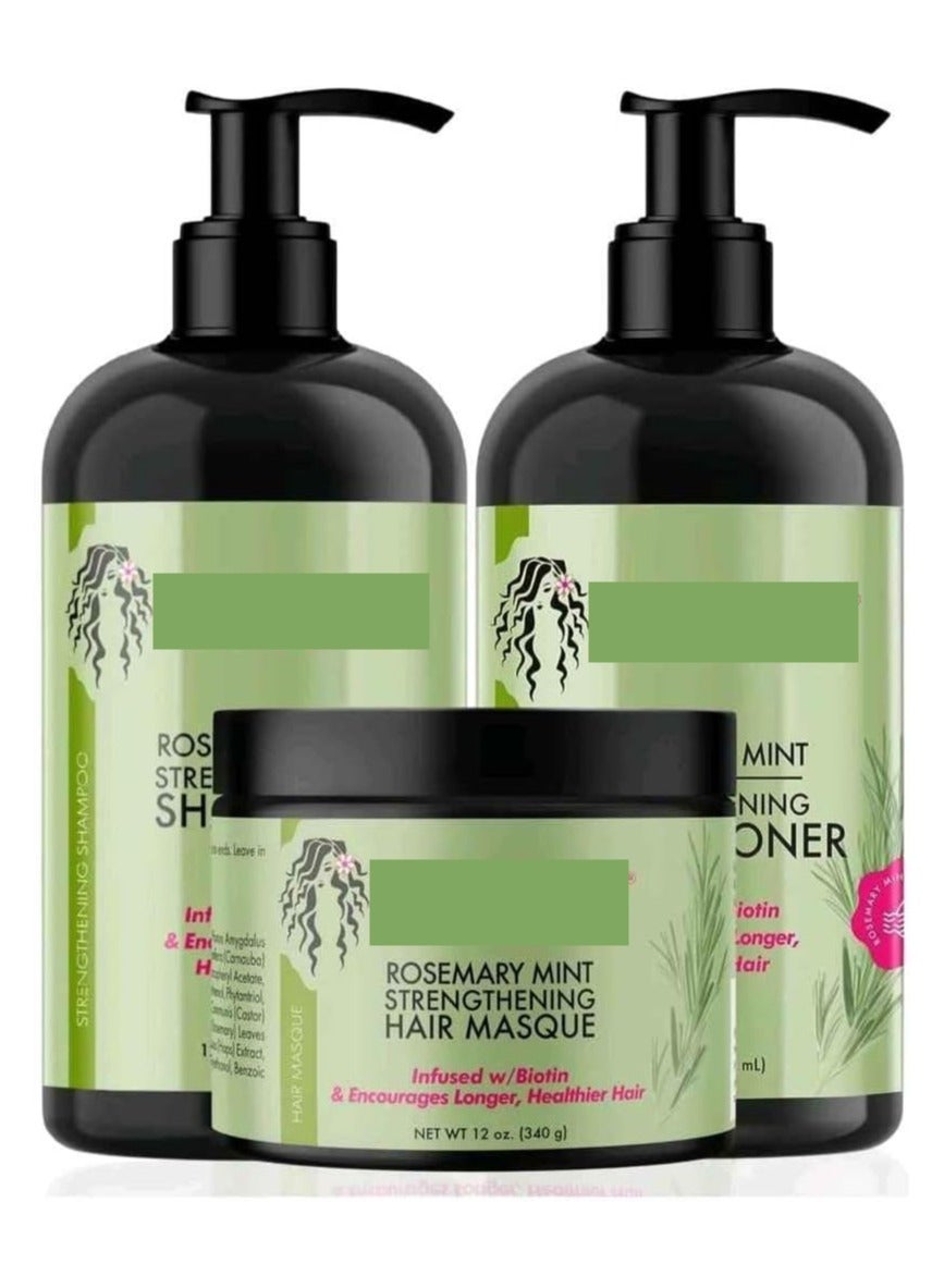 Rosemary Mint Strengthening Set - Shampoo, Conditioner, Hair Mask - Infused with Biotin, Cleanses and Helps Strengthen Weak and Brittle Hair 355 ml / 12 Oz