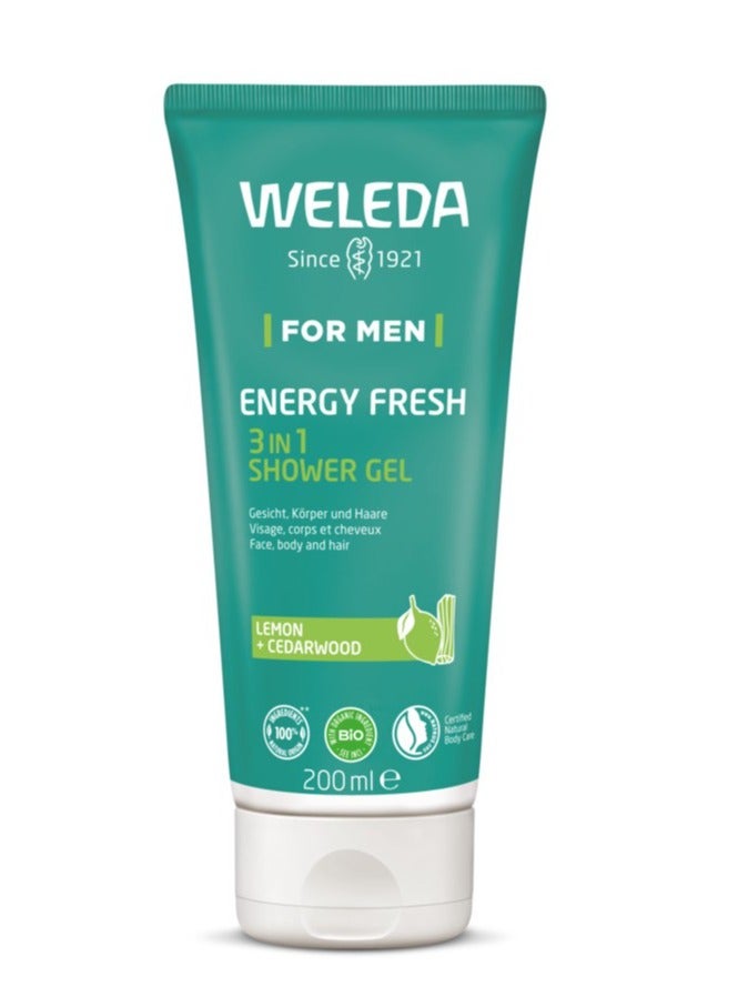 Men Energy Fresh 3-in-1 Shower Gel (200 ml) – Hair, Face & Body Wash for Men, with Cedarwood & Citrus Essential Oils