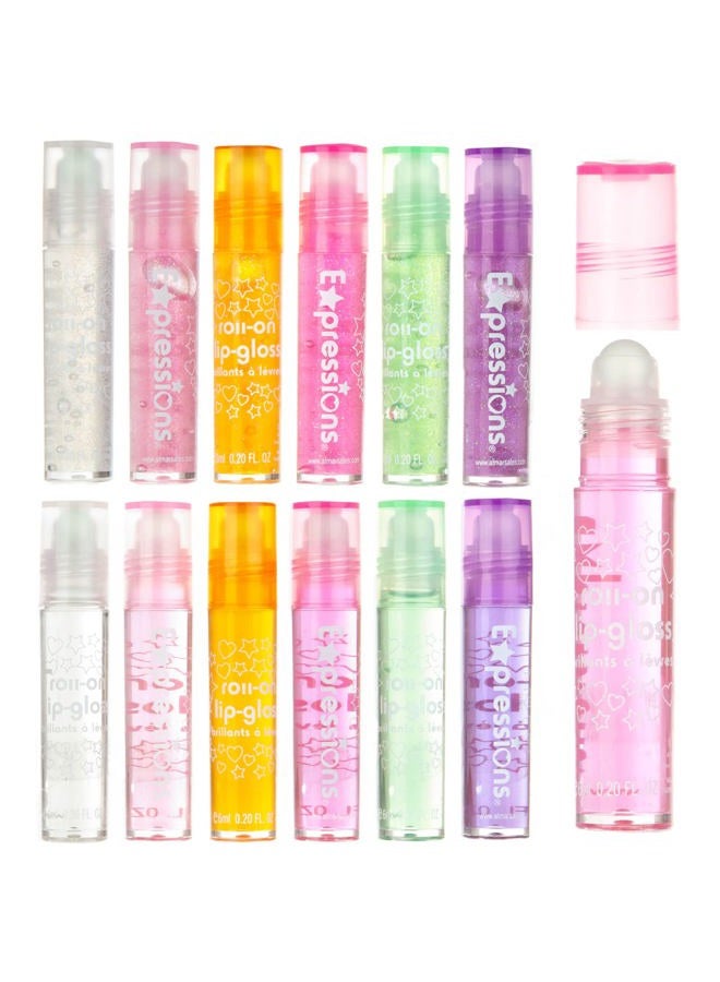 12pc Roll On Lip Gloss Set with Carrying Case, 12-Piece Glossy Lip Makeup - Assorted Fruity Flavors, Non Toxic, Kid Friendly, Party Gift, Best Friends