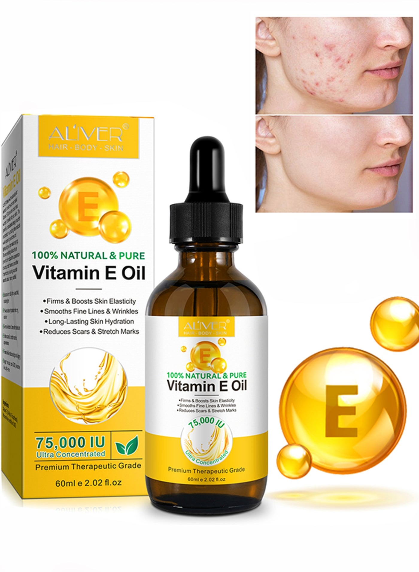 60ml Vitamin E Oil 100% Natural Pure 75000 IU Vitamin E Oil for Face Body Hair and Nails Moisturizes Reduce Scars and Stretch Marks Smooth Fine Lines and Wrinkles Anti Aging and Skin Hydration